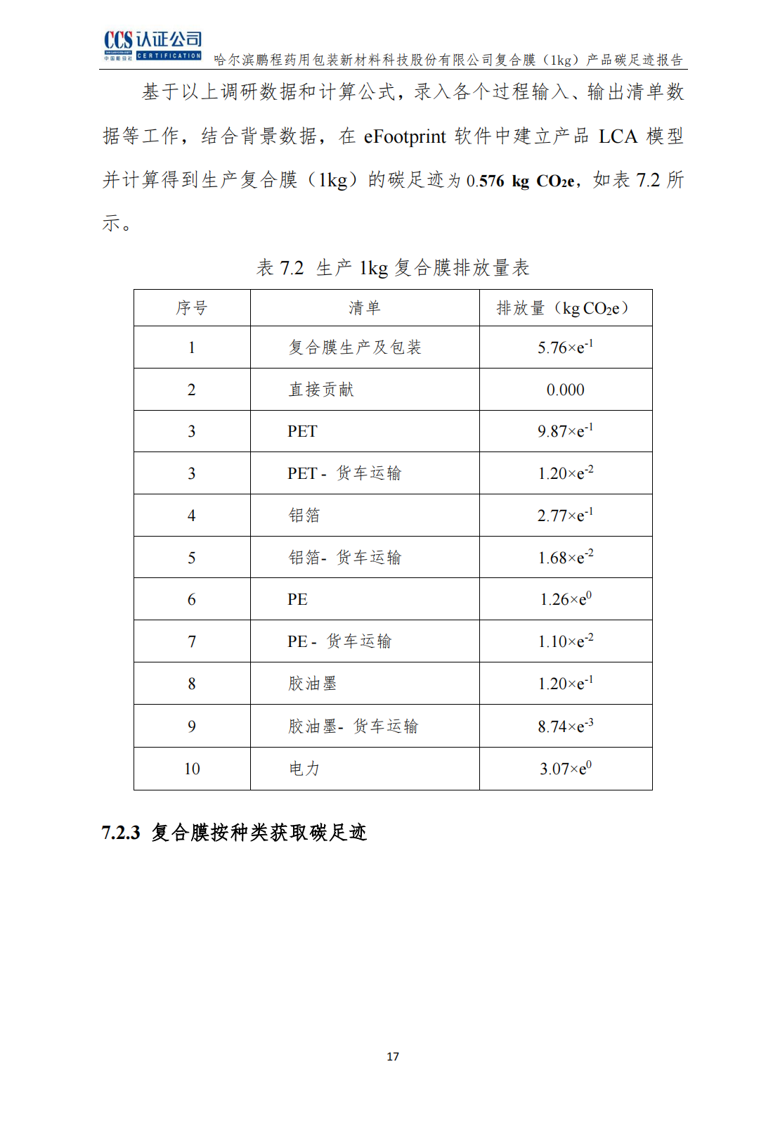 鵬程新材產品碳足跡報告